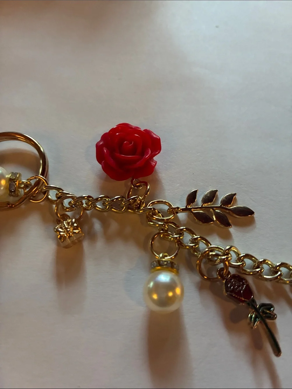 Gold-tone Red Rose Charm Keychain with Pearls